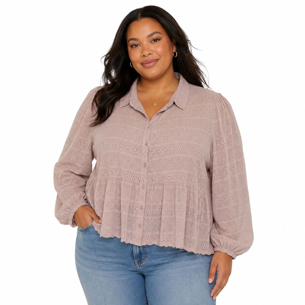 Torrid Women's Blouse 2 Pink Eyelet Embroidered Woven Long Sleeve Button Front